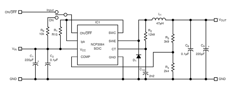 Schematic - onsemi NCP3064 Buck Boost Inverting Switching Regulators